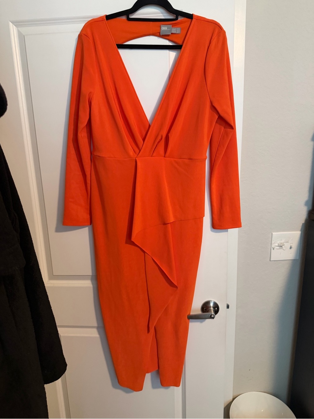 ASOS Orange Deep V Wrap Long Sleeve Midi Dress